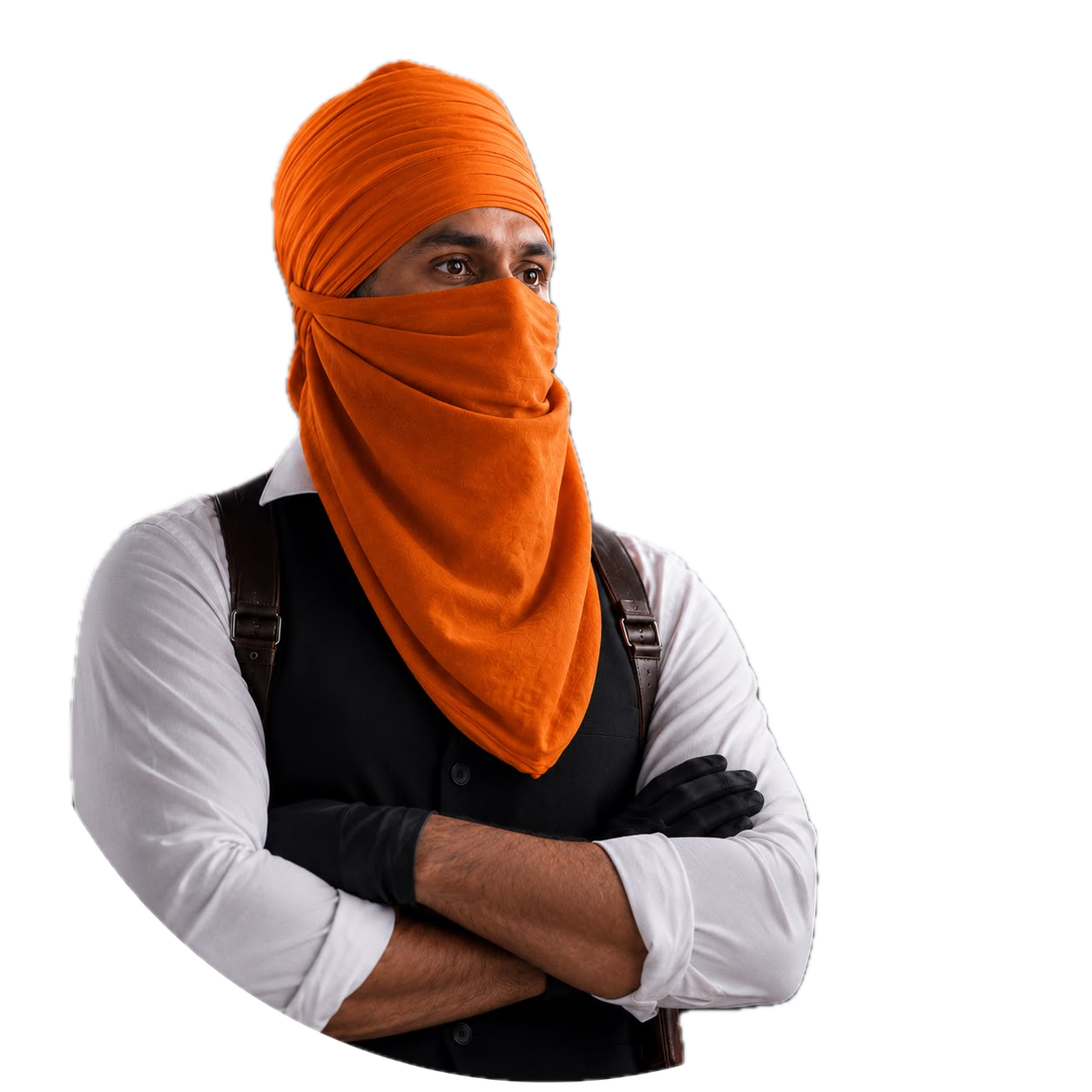 Founder of onemillionfed in an orange turban and face wrap